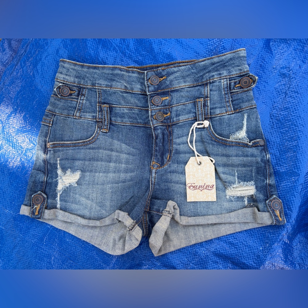 Eunina Dark Blue Distressed High Rise Jean Shorts